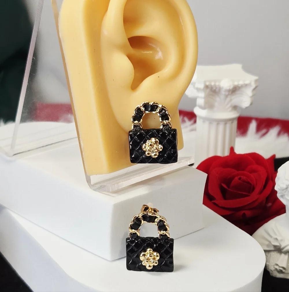 Black Quilted Handbag Stud Earrings Mini Purse Fashion Statement Studs Y2K Glam